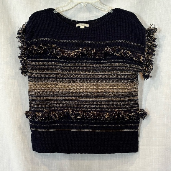 Dana Buchman Fringe Sweater Navy Blue and Tan Size L - Picture 1 of 5